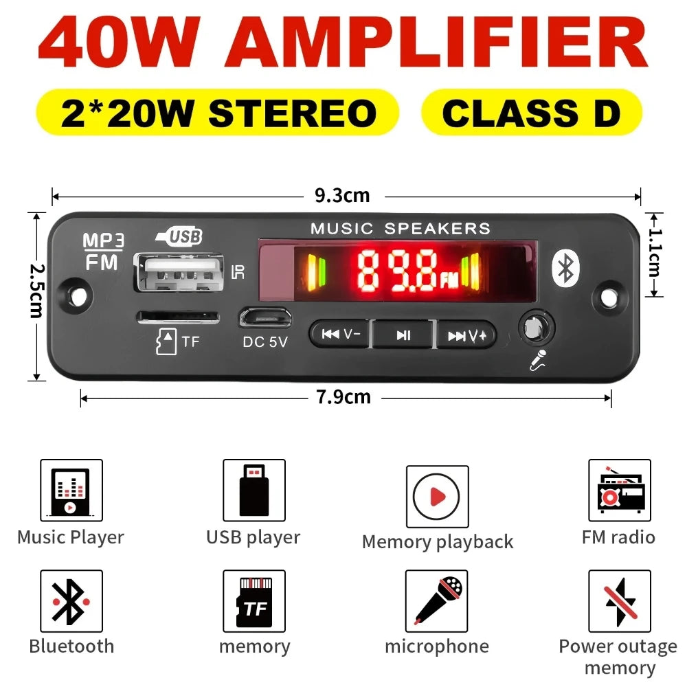 Bluetooth 5.0 MP3 Decoder Board 2*20W 40W Amplifier Audio Player 12V DIY MP3 Player Car FM Radio Module TF USB Mic Record Call
