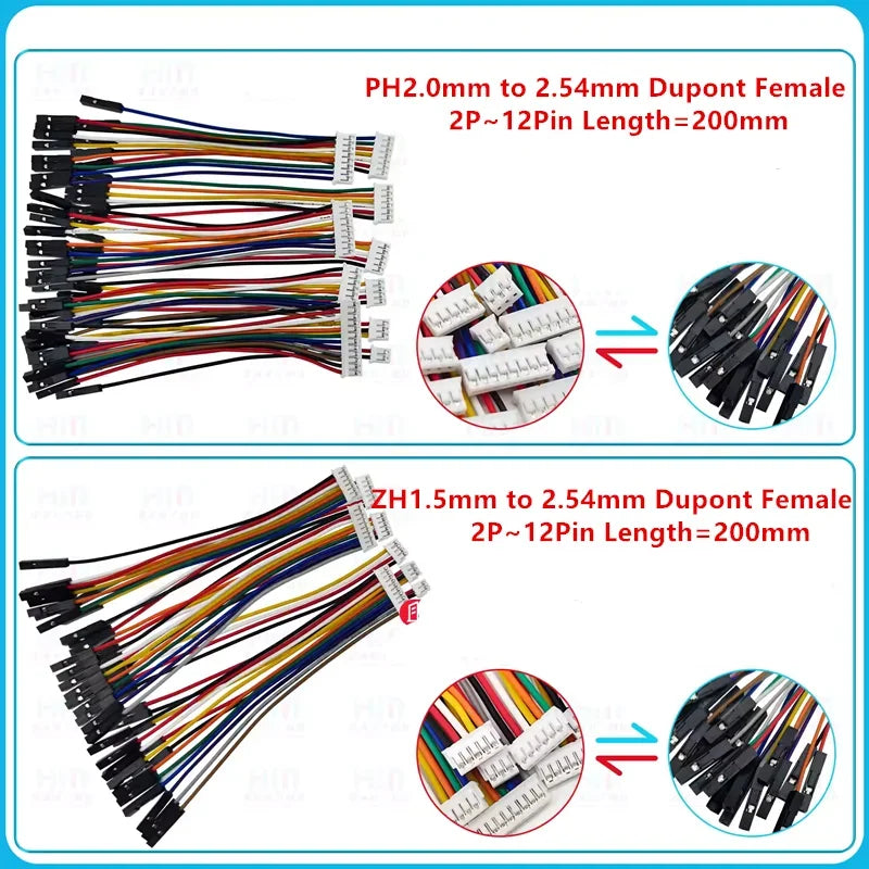 SH1.0mm/JST1.25/ZH1.5/PH2.0/HY2.0/XH2.54mm 2P/3P/4P/5P/6P/7P/8P/9P/10P/12Pin To 2.54mm Dupont Female Wire Connector Color Cable