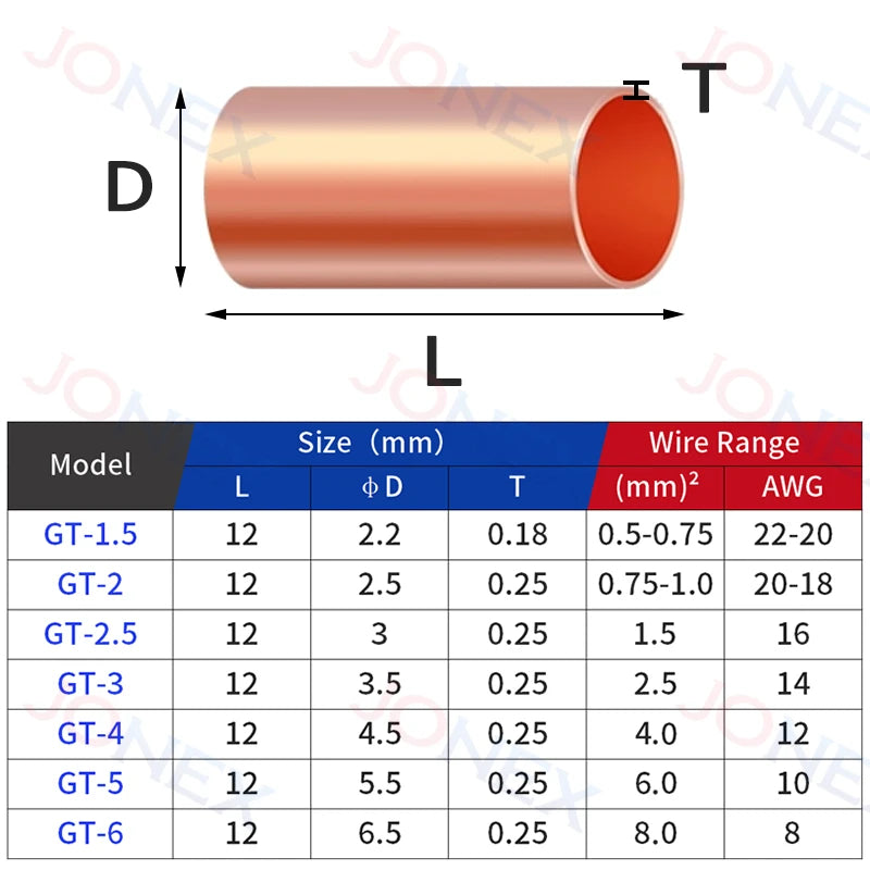 100PCS GT Copper Terminal Connectors Electrical Wire Cable Crimp Connecting Tubular Ferrules or for Lugs Have Heat Shrink Tubing