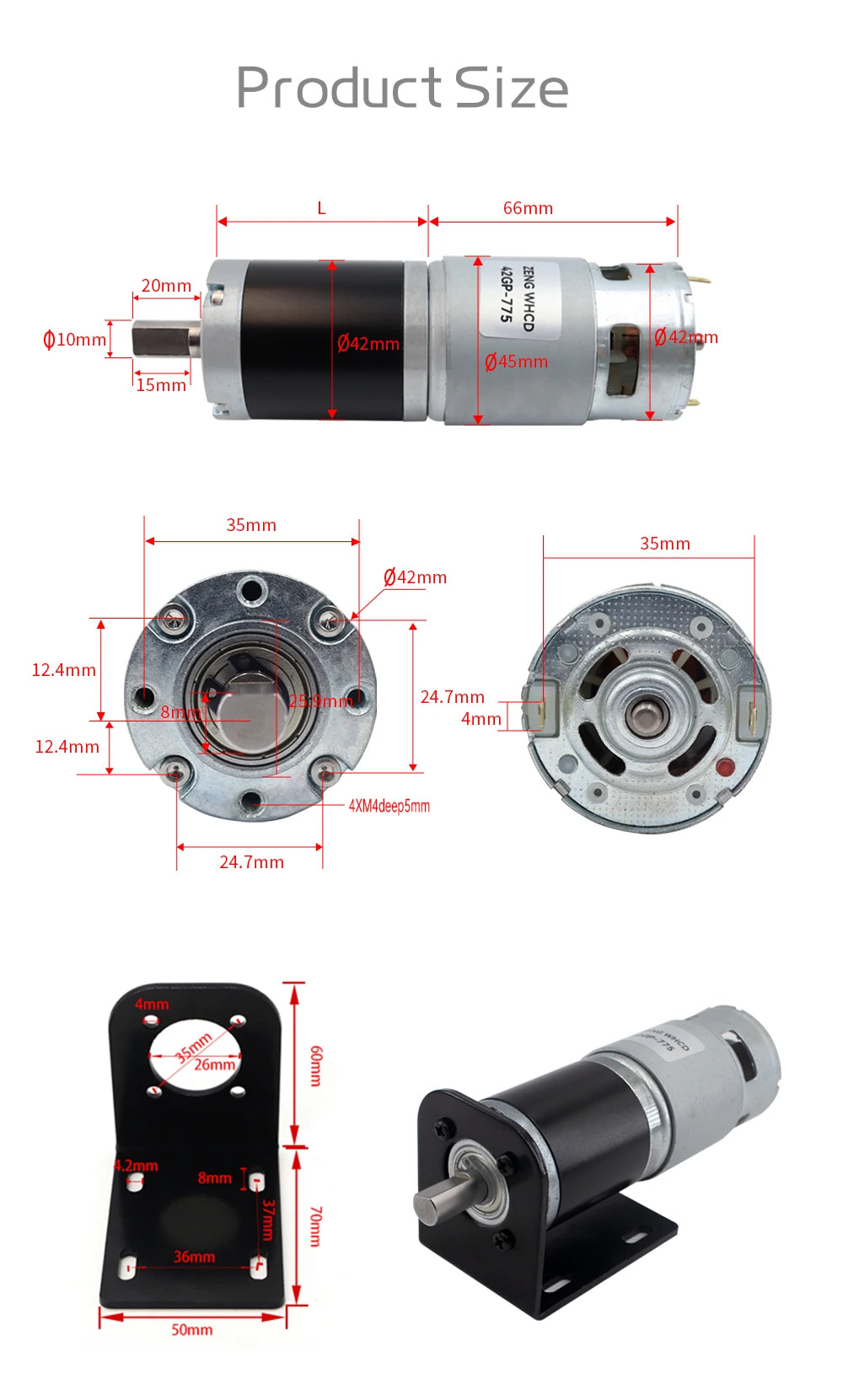 Planetary Reduction Motor 42GP-775 High Torque 12V/24V Can Rotate Forward and Reverse 8PRM~1600PRM, Maximum Torque 253KG.CM