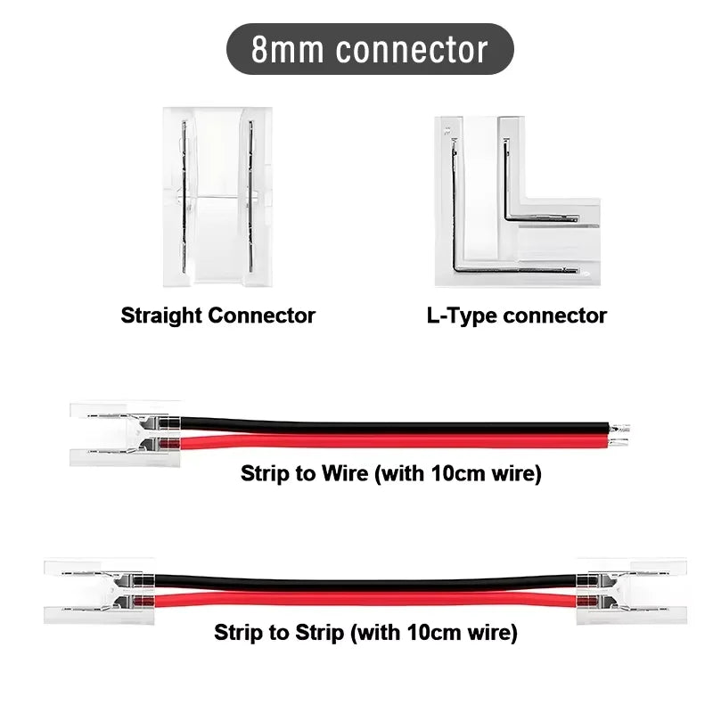 COB Connector 8mm 5-24v 2pin LED Strip Terminal Extension Wire LED Connectors Fixed Clips For Pin No Dark Area Single Dual End