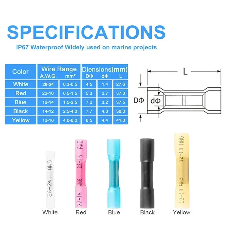 20/50/100/200PCS AWG 24-10 0.3-6.0mm2 Waterproof Insulated Automobile Wire Cable Crimp Terminals Heat ShrinkButt Wire Connectors