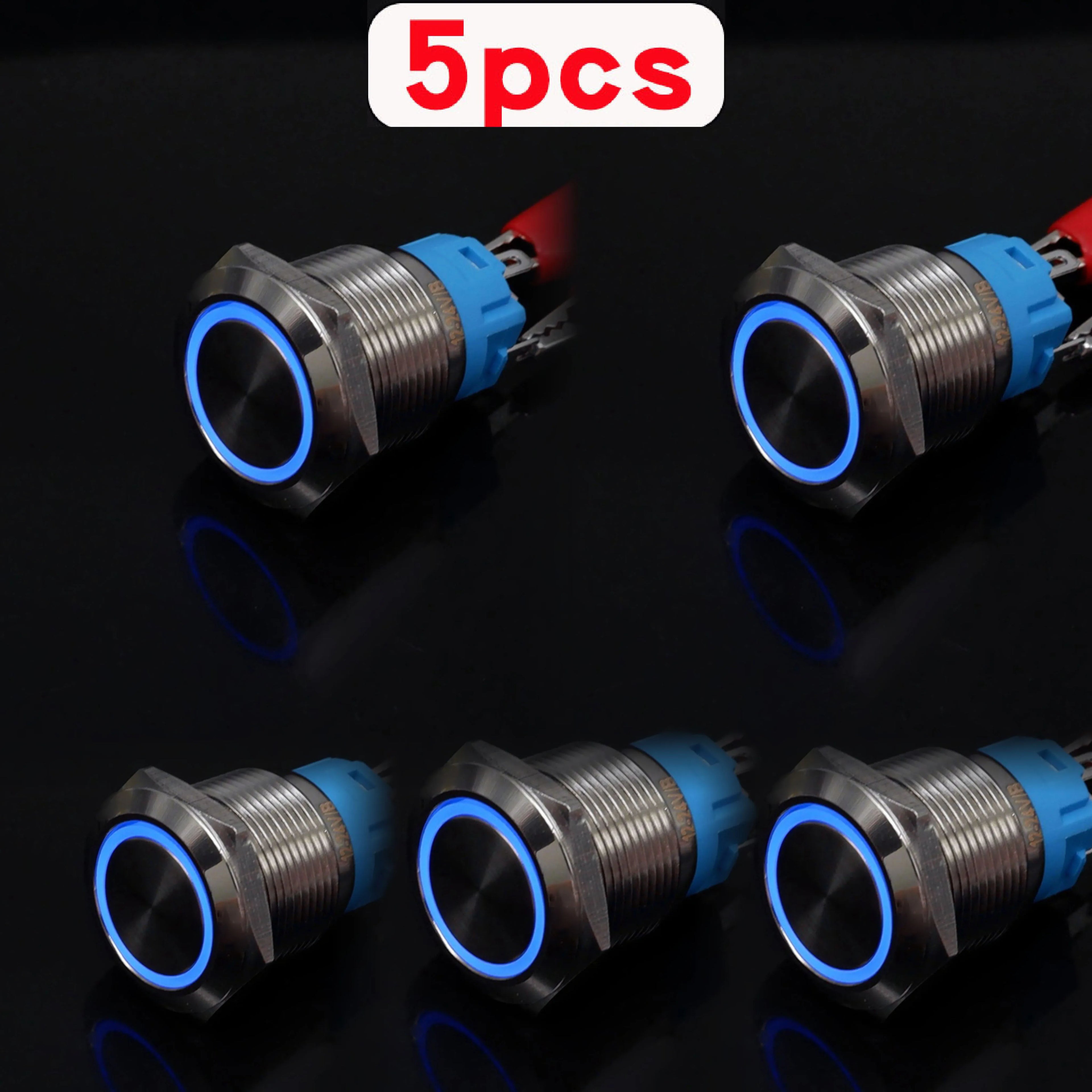 5pcs Metal Push Button Switch Ring Lamp 16mm 19mm 22mm Waterproof LED Light On Off Momentary Latching 5v 12v 24v 220v Red Blue