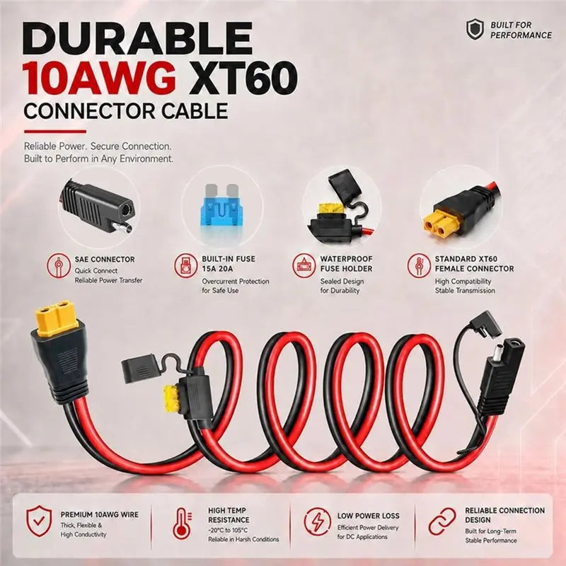 CHCH XT60 To SAE Connector, 10AWG XT60 Connector Extension Cable With Inline 15A/20A Fuse, Heavy Duty Pure Copper Female Termina