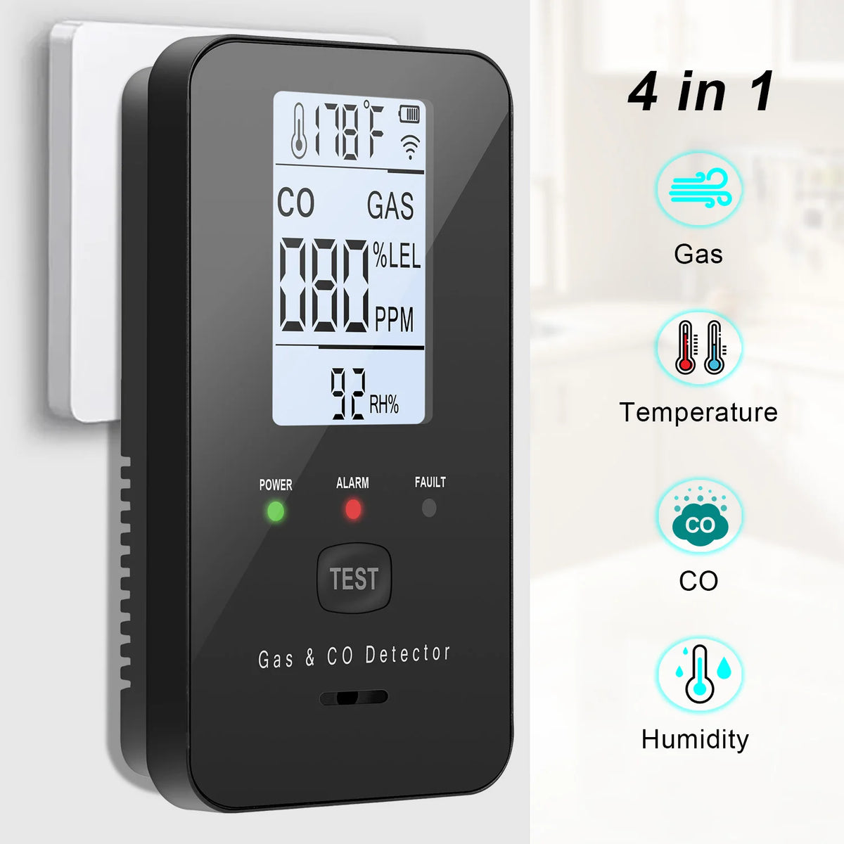 Natural Gas & Carbon Monoxide Detector, Plug in Carbon Monoxide Alarm,Propane,Methane,4-in-1 Combustible Gas & CO Detector Alarm