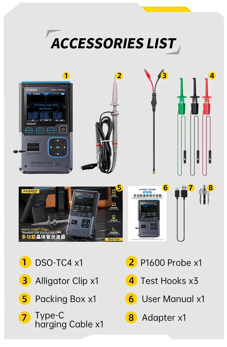 FNIRSI DSO-TC4 Upgrade 3 in 1 Digital Oscilloscope 10MHz 48Ms/s Transistor Tester Electronics Component Tester USB Charger Tools