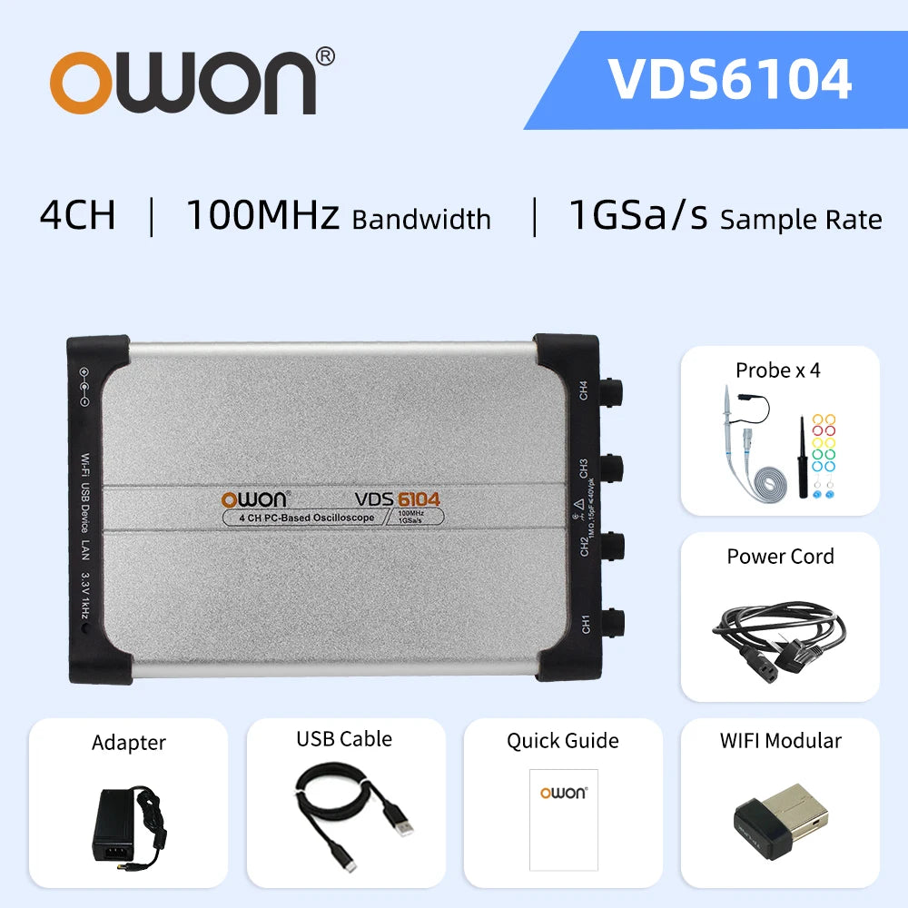 OWON VDS6074 VDS6104 Virtual Digital Oscilloscope 4 Channels 100MHz 1GSa/s WiFi USB LAN Interface Circuit Debug Tester