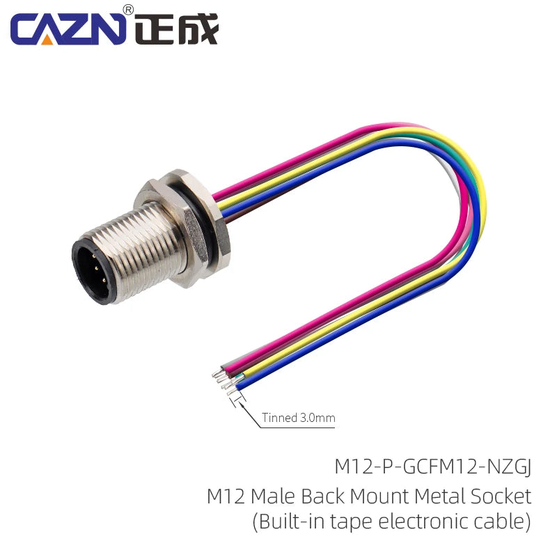 M12 Panel Male Female  Metal Front Mount Socket Solder 4 6 8 12 Pin Receptacle Straight Circular Connectors With 30cm Wires