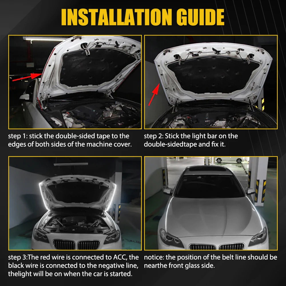 1Pc 1.8m/5.9ft Flexible Car Hood LED Meteor Strip Lights White Yellow Dynamic Scan Start Up Hoodbeam Kit For SUVs Trucks Vans