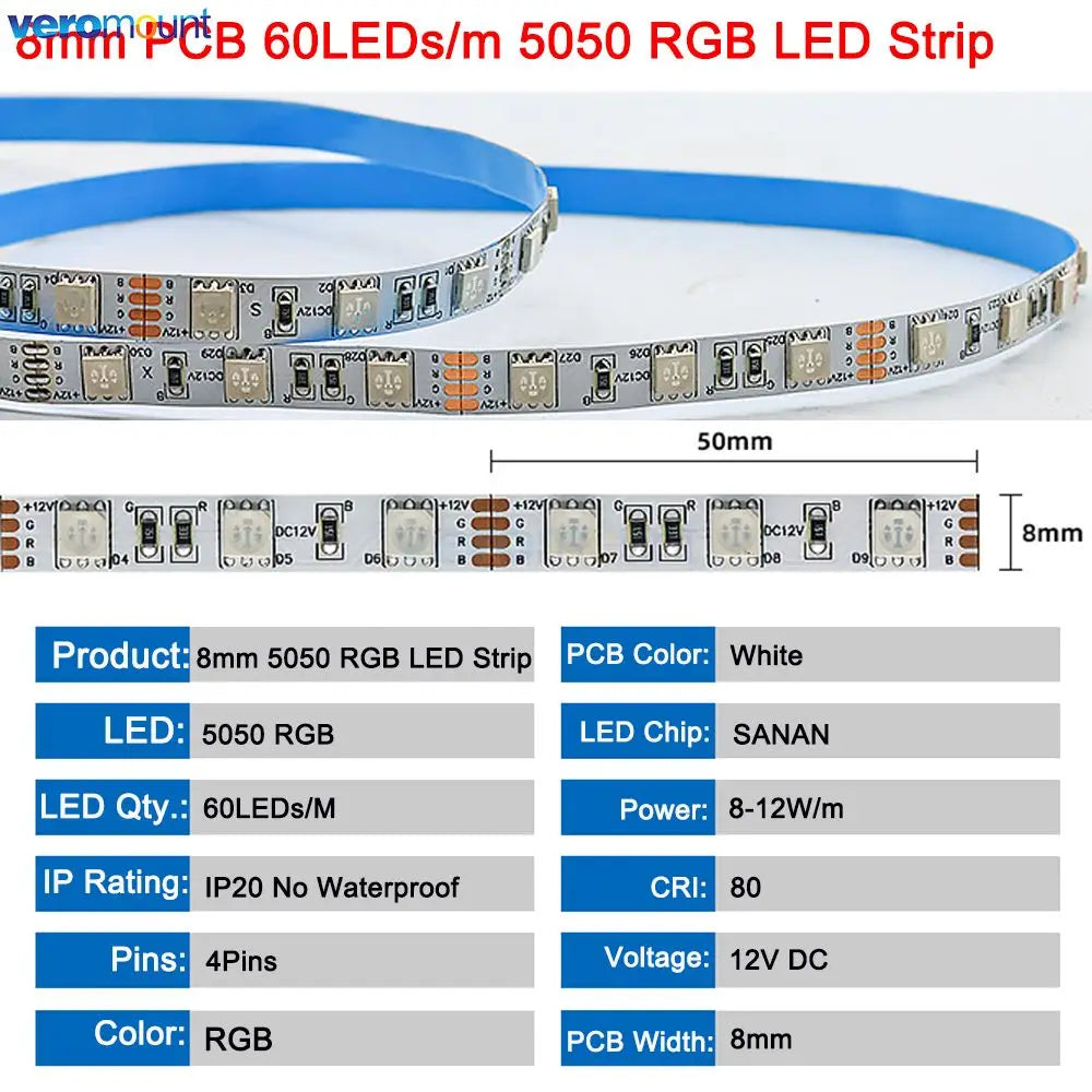 5m 12V 24V DC RGB LED Strip 30LEDs/m 60LEDs/m 96LEDs/m 120LEDs/m SMD 5050 Flexible LED Light Tape 8mm 10mm PCB for Decoration