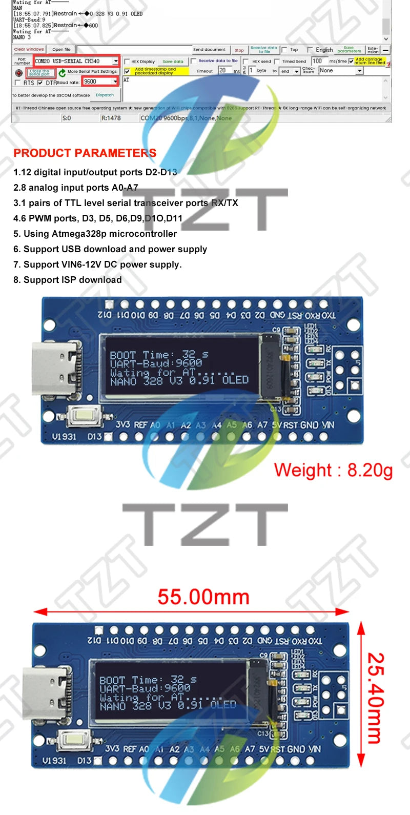 Nano V3.0 Atmega328P Ch340C Built-In 0.91" Oled Display 128*32 Resolution Iic I2C Compatible for Arduino Nano V3.0