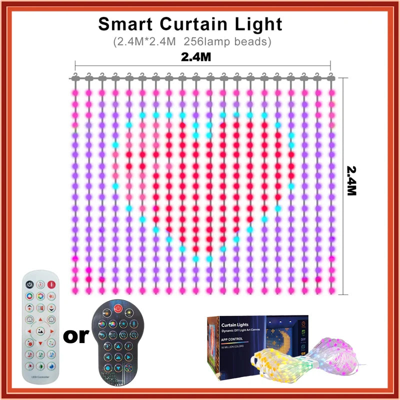 Smart Curtain Lights 256/400 LEDs Color Changing Dynamic DIY RGB IC String Lights with Remote & App Control for Bedroom Living Room Holiday Indoor Backdrop Decor