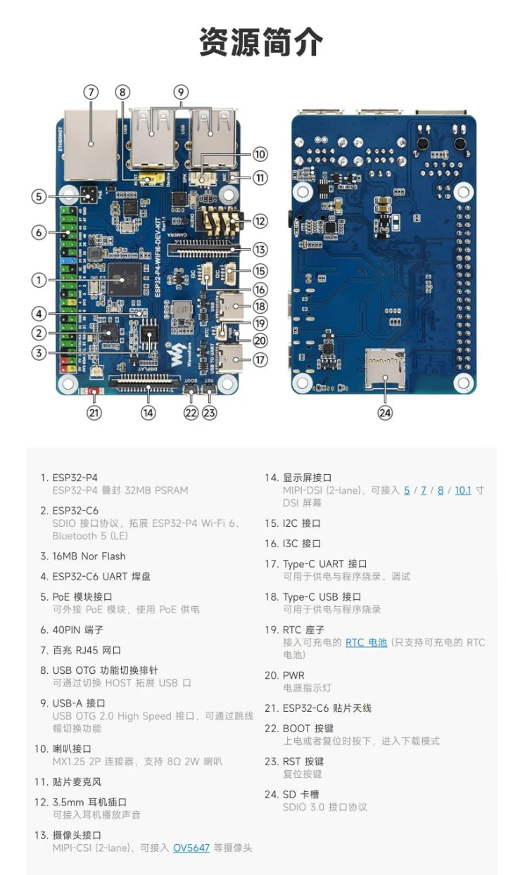 Waveshare ESP32-P4 Development Board WiFi 6 Bluetooth Communication Integrated ESP32-C6 Module Support AI Voice Interaction