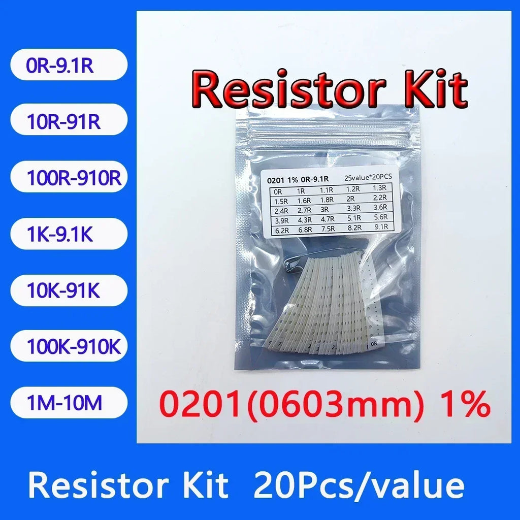 Resistor Kit 0201 0402 0603 0805 1206 1210 1812 2010 2512 SMD Resistor Package 24values*20PCS=480PCS 1% Sample Kit Resistor