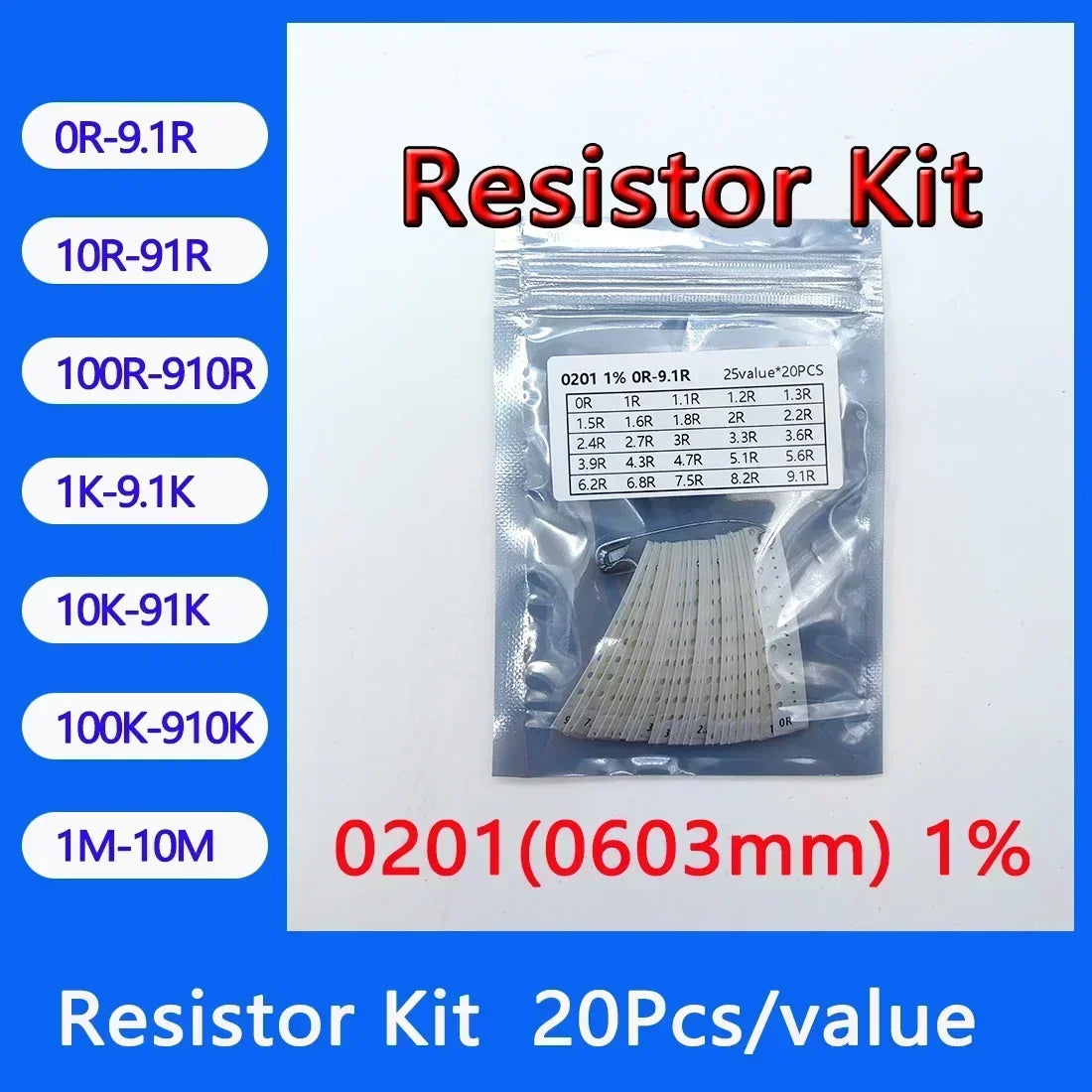 Resistor Kit 0201 0402 0603 0805 1206 1210 1812 2010 2512 SMD Resistor Package 24values*20PCS=480PCS 1% Sample Kit Resistor