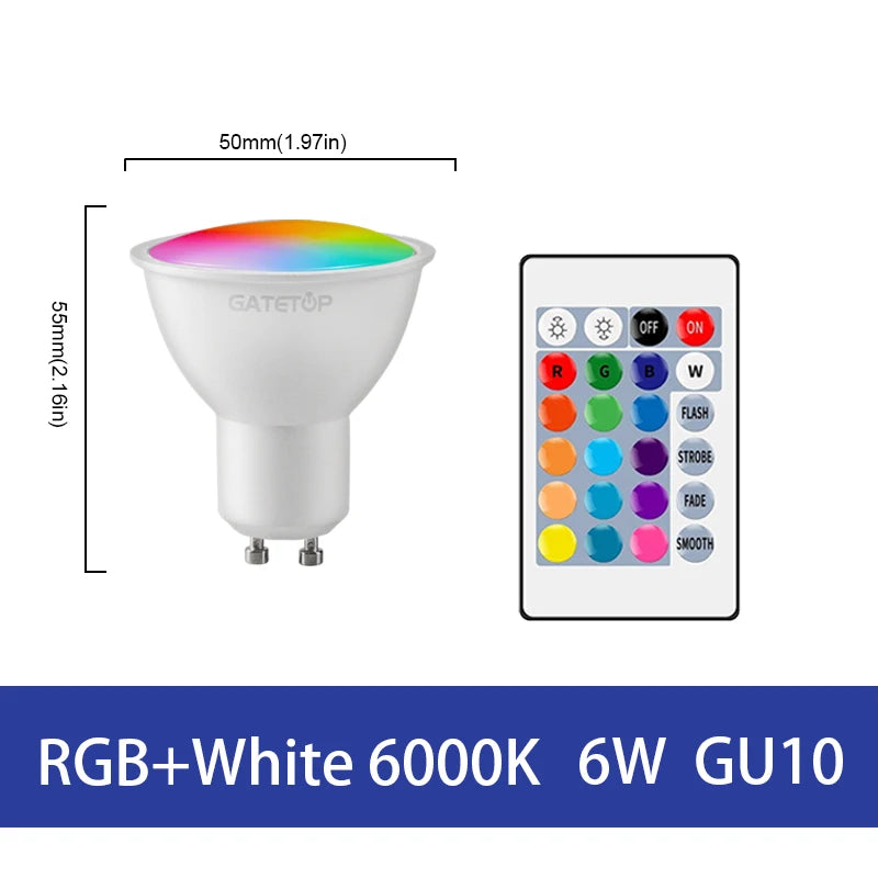 1-10PCS LED Intelligent RGBW Bulb GU10 E27 E14 24 Key Infrared Remote Control AC110V 230V 6W 10W Color Plus White Light Dimming