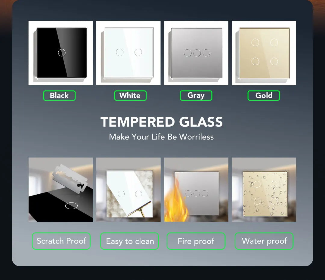 BSEED 1/2/3Gang Touch Switch Double Light Switch Triple Sensor Switch 1Way EU Standard Glass Panel Blue Back Light White Series