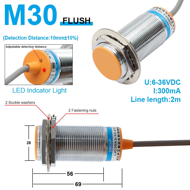 OMCH Capacitive Proximity Sensor LJC 12 18 30MM Detection Distance 2/5/10/20MM PNP NPN NO NC Cylindrical Proximity Sensor Switch