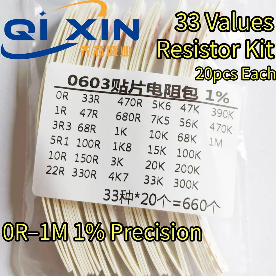 SMD Chip Resistor Assortment Kit 0402 0603 0805 1206 Size, 33 Values 20pcs Each SMT Sample Pack Electronic Circuit Repair Compon