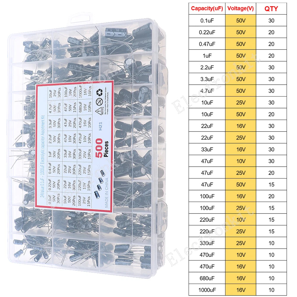 16V 25V 35V 50V 0.1uF to 2200uF DIP SMD Aluminum Electrolytic Capacitors Assortment Kit Set