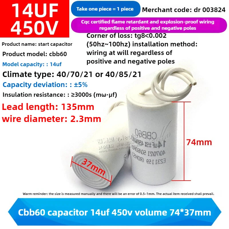 CBB60 Capacitor 450V AC Motor Run Capacitors 3/4/5/6/8/10/12/14/15/16/18/20/30/35/40/50/60/70UF for Washing Machine, Water Pump