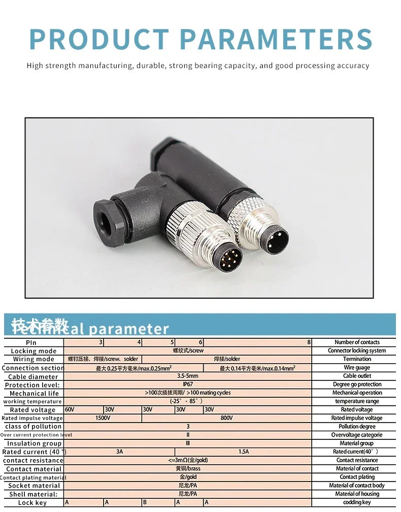 M8 Sensor Connector Waterproof Male&female Plug Straight Angle Screw Threaded Coupling 3pin 4pin 5pin 8pin