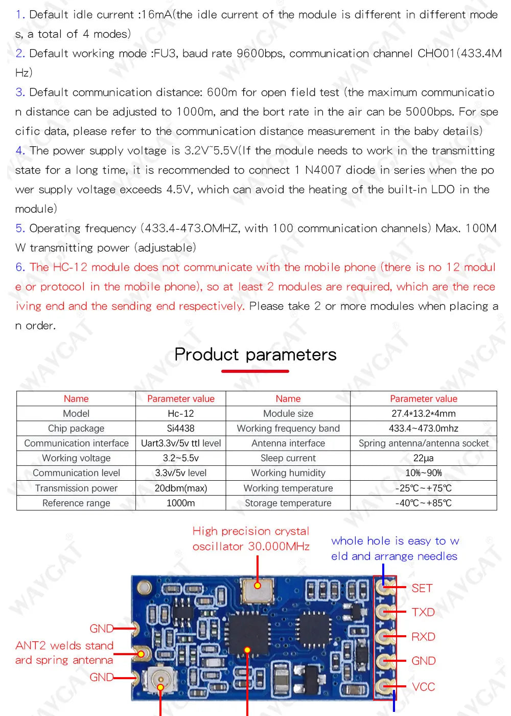 LIZAO HC-12 SI4463 433MHz Wireless Serial Module, 1000m Communication, Serial Alternative for Bluetooth Home IoT Automation