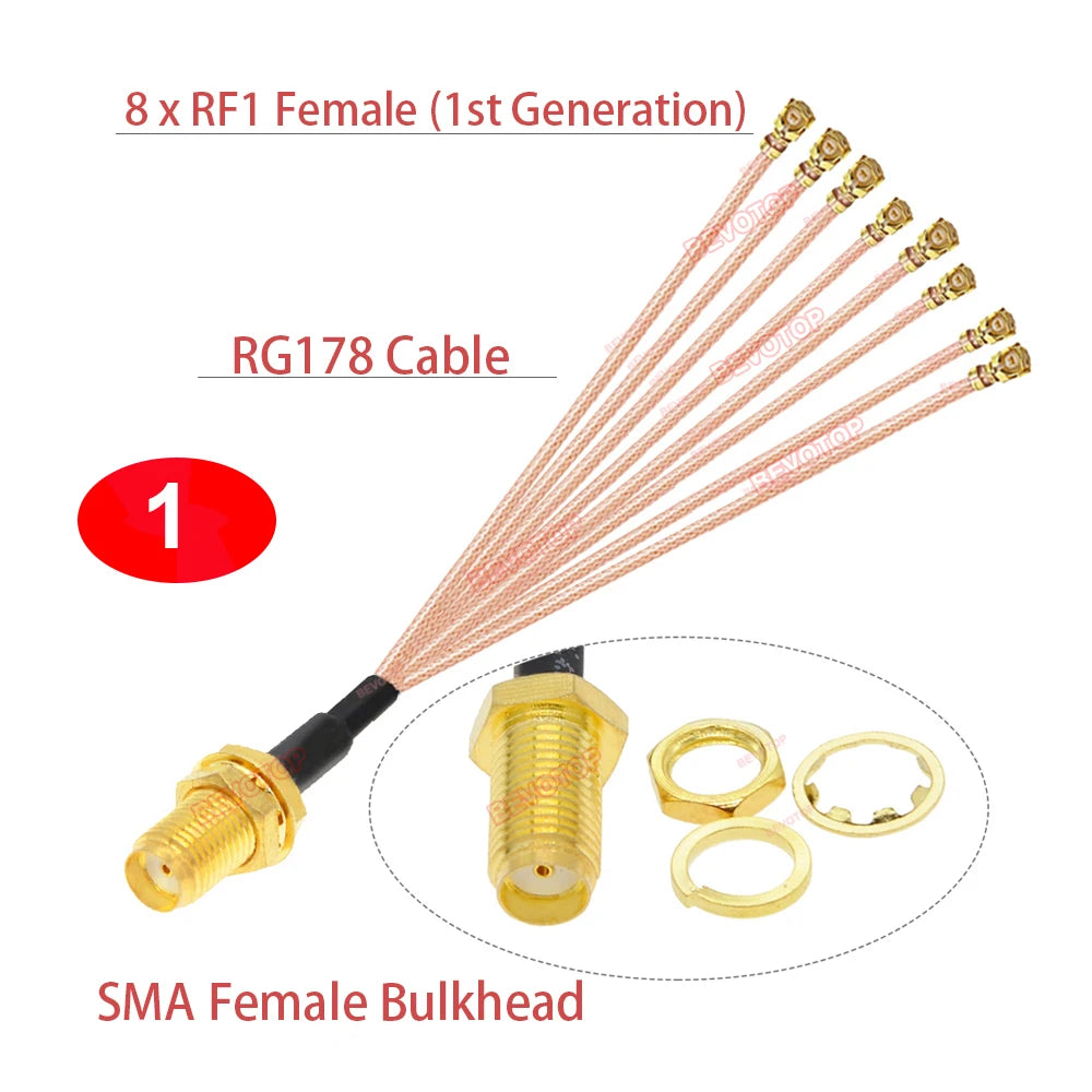 1PCS SMA to IPX Splitter SMA Female to 8*1st Generation RF1 Female RF1.13/RF1.37/RG178 Cable WIFI Antenna Extension Pigtail