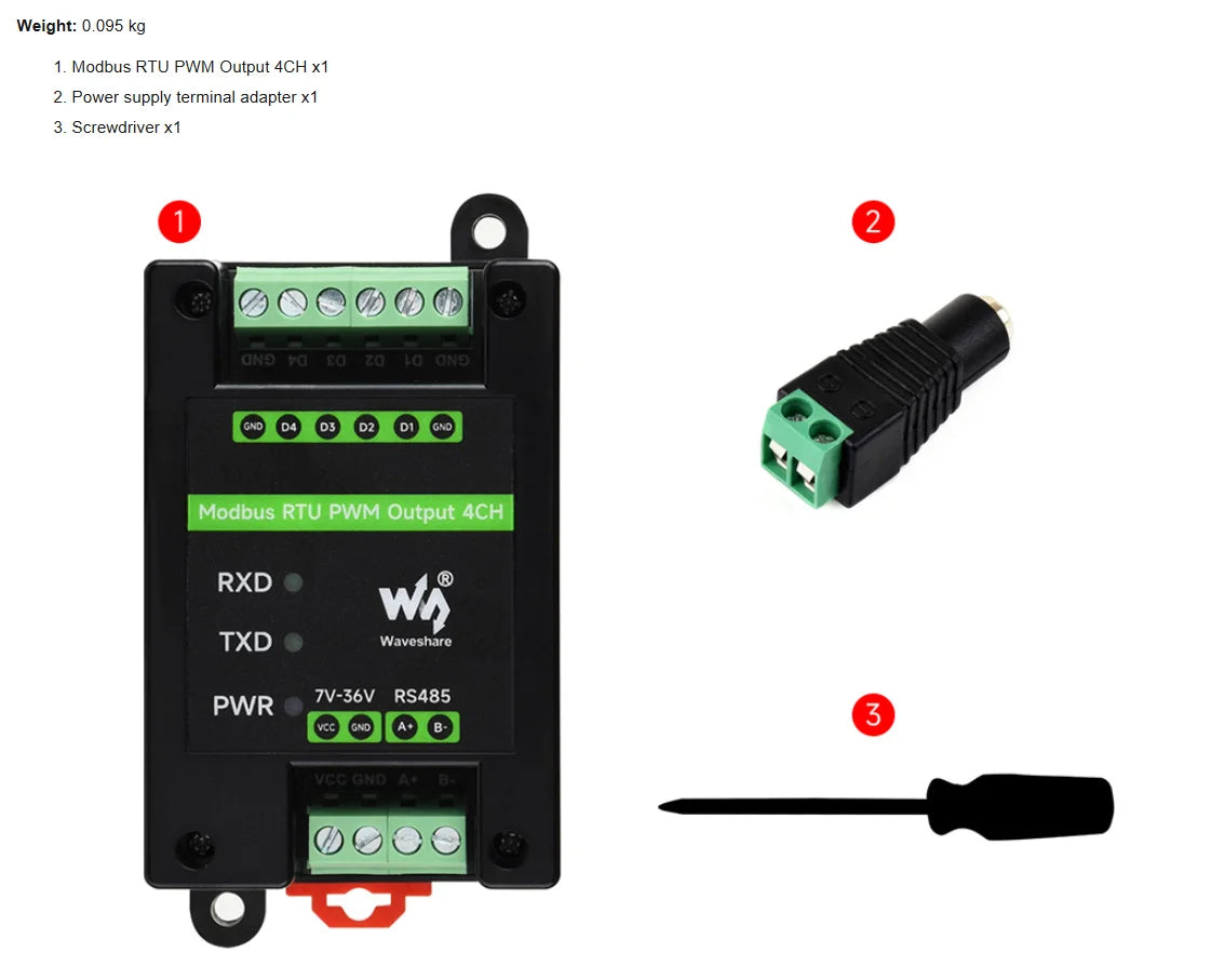 Waveshare Industrial 4-Ch PWM Output Module, Modbus RTU Protocol,RS485 Interface, Adjustable Frequency and Duty Cycle