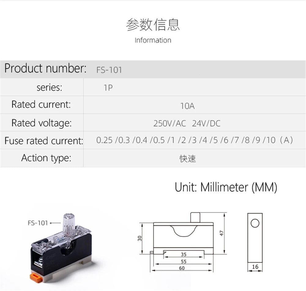 FS-101 Din Rail Mount Single Pole 6X30mm 10A Fuse Holder Glass Fuse Tube Fuse Casing Fuse socket with indicator light FuseHolder