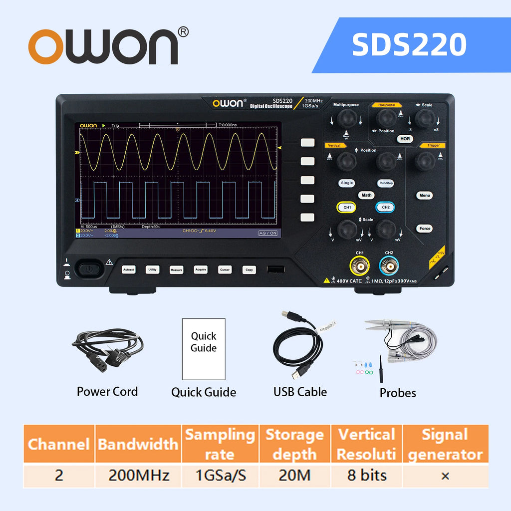Owon SDS210S 2CH 100-200MHz 1GS/s 14Bit 25MHz FFT Scope Digital Oscilloscope  with Signal Generator Function