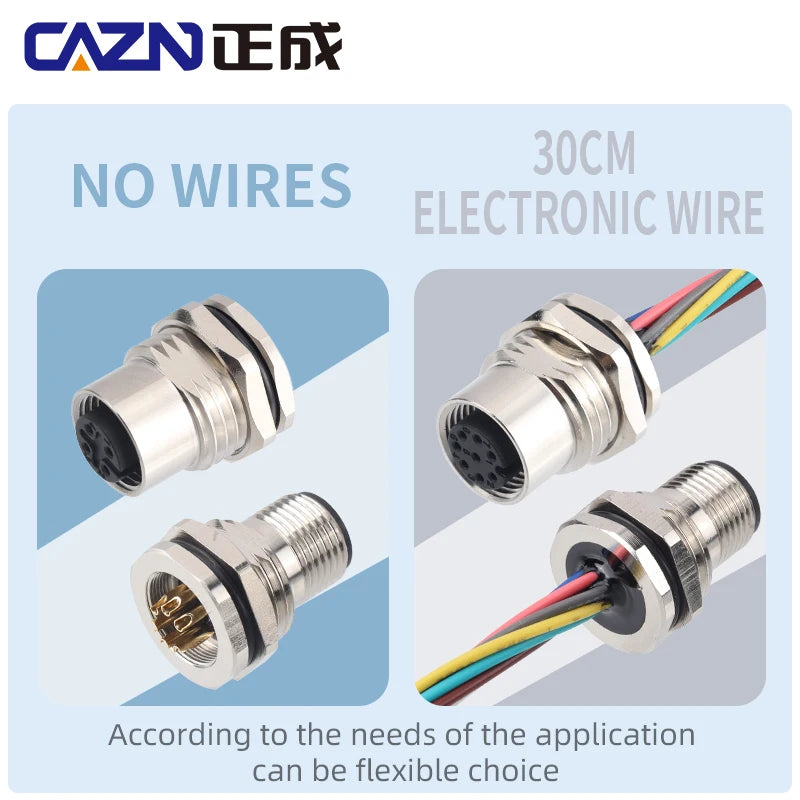 M12 Panel Male Female  Metal Front Mount Socket Solder 4 6 8 12 Pin Receptacle Straight Circular Connectors With 30cm Wires