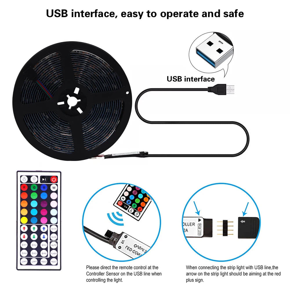 5V USB RGB LED Strip Light Remote Control 5050 30LED/m 5m 10m Lights Tape TV Backlights Home Decoration 0.5/1/2/3m Black PCB