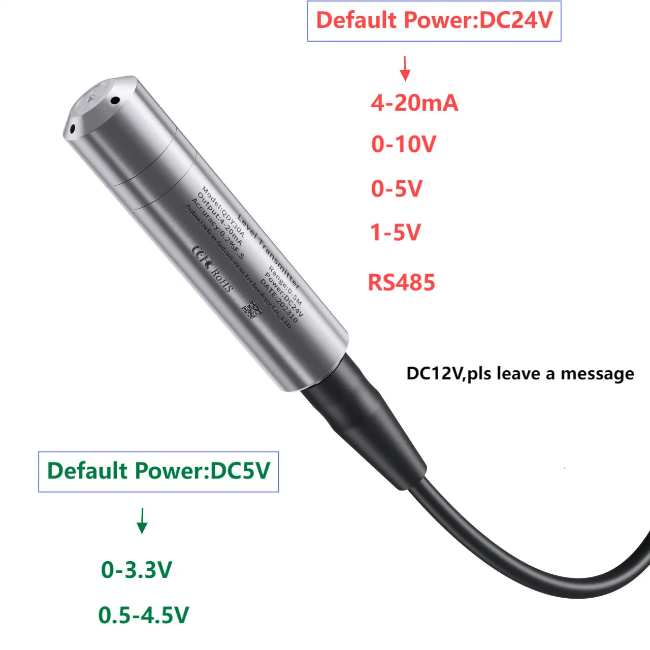 0-80M Range Liquid Level Transmitter 5M 10M to 4-20mA 0-10V 0-3.3V Output Water Pressure Level Sensor Probe for Tank Deep Well