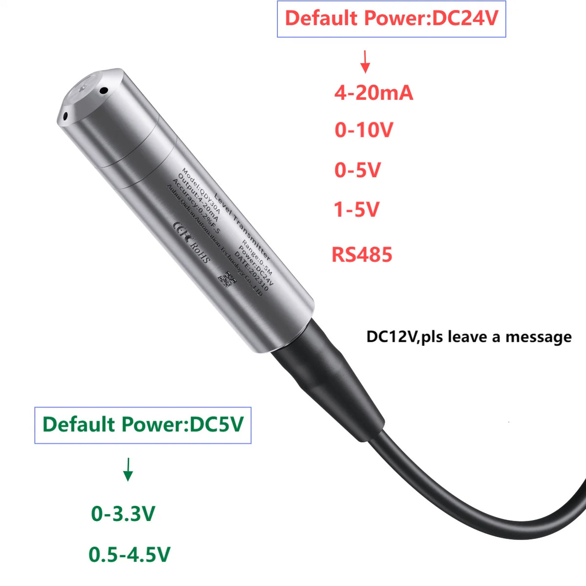 0-500M Range Hydrostatic Liquid Level Transmitter 4-20mA 0-10V 0-3.3V Output Water Pressure Level Sensor Probe 0-5M 10M 15M 50M