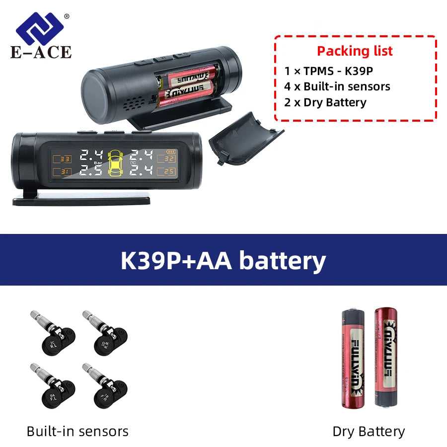 E-ACE 4 Sensors TPMS Removable Battery Wireless Intelligent Sensing Tire Pressure Monitor System Safety Alarm LCD Display