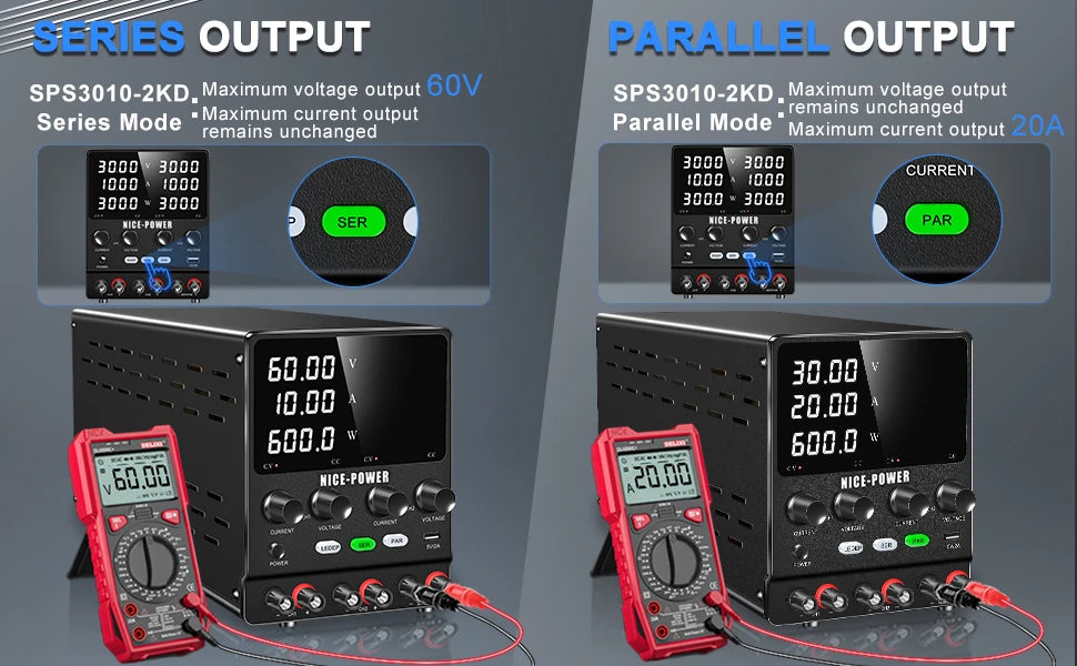 NICE-POWER 120V 3A Lab DC Power Supply 0-240V 0-6A Dual Channel Bench Power Source 12V 24V 10A 20A Power Supply Series Parallel