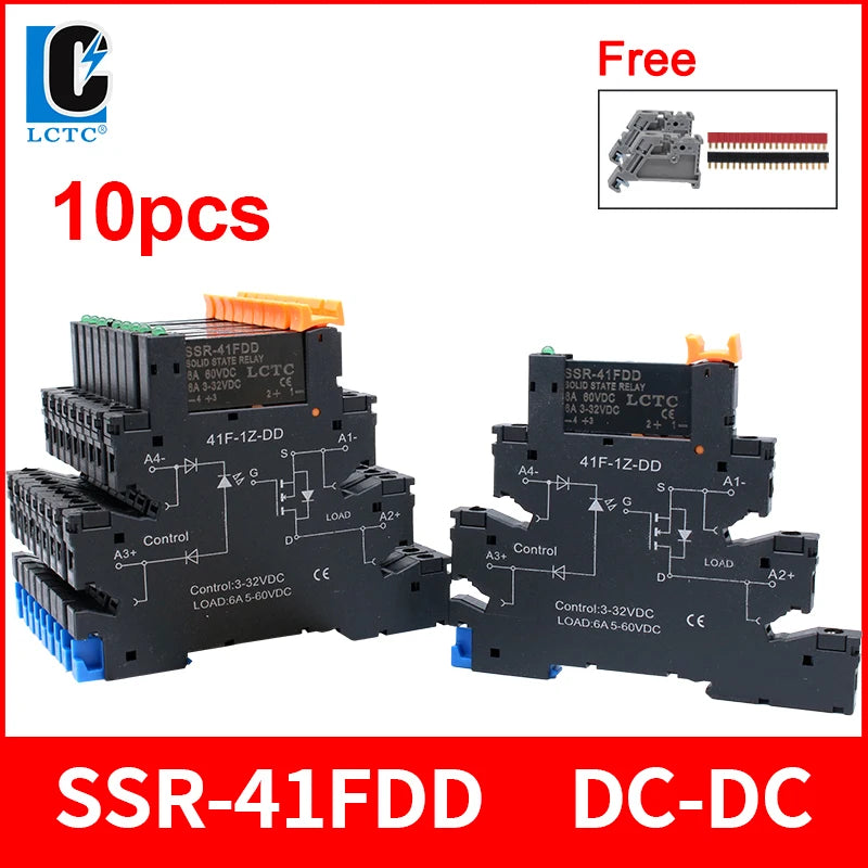 10PCS DIN Rail Mounted Solid State Relay Slim SSR Relay Module DC Control AC DC Control DC 6A SSR-41FDA/DD
