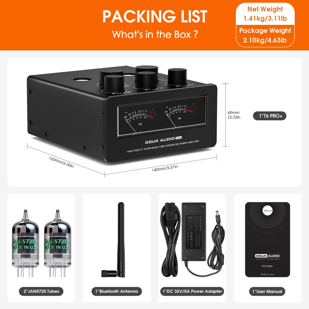 Douk Audio T6PRO HiFi JAN5725 Vaccum Tube Amplifier Bluetooth Receiver TPA3255 Power Amp with VU Meter 300W+300W