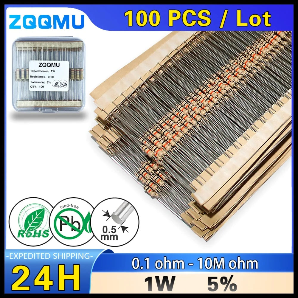 100Pcs 1W Carbon Film Resistor 5% 1R ~ 10M 10R 100R 220R 330R 470R 1K 2.2K 3.3K 4.7K 10K 22K 47K 100K 1M 10 100 220 330 470 ohm