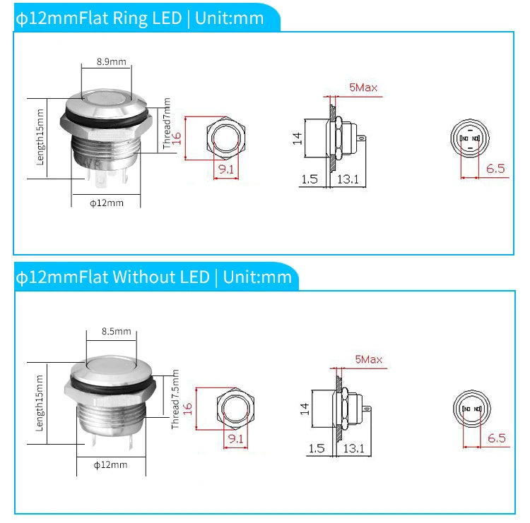 12mm 16mm 19mm 22mm Ultra Short Micro Stroke Stainless Steel Push Button Switch with LED Lamp Waterproof Self-reset/Momentary