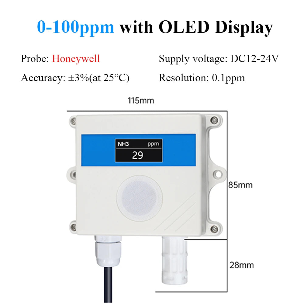 Ammonia Gas Sensor NH3 Concentration Detection High Precision Detector 20ppm 100ppm 500ppm Output RS485 4-20mA 0-5V 0-10V