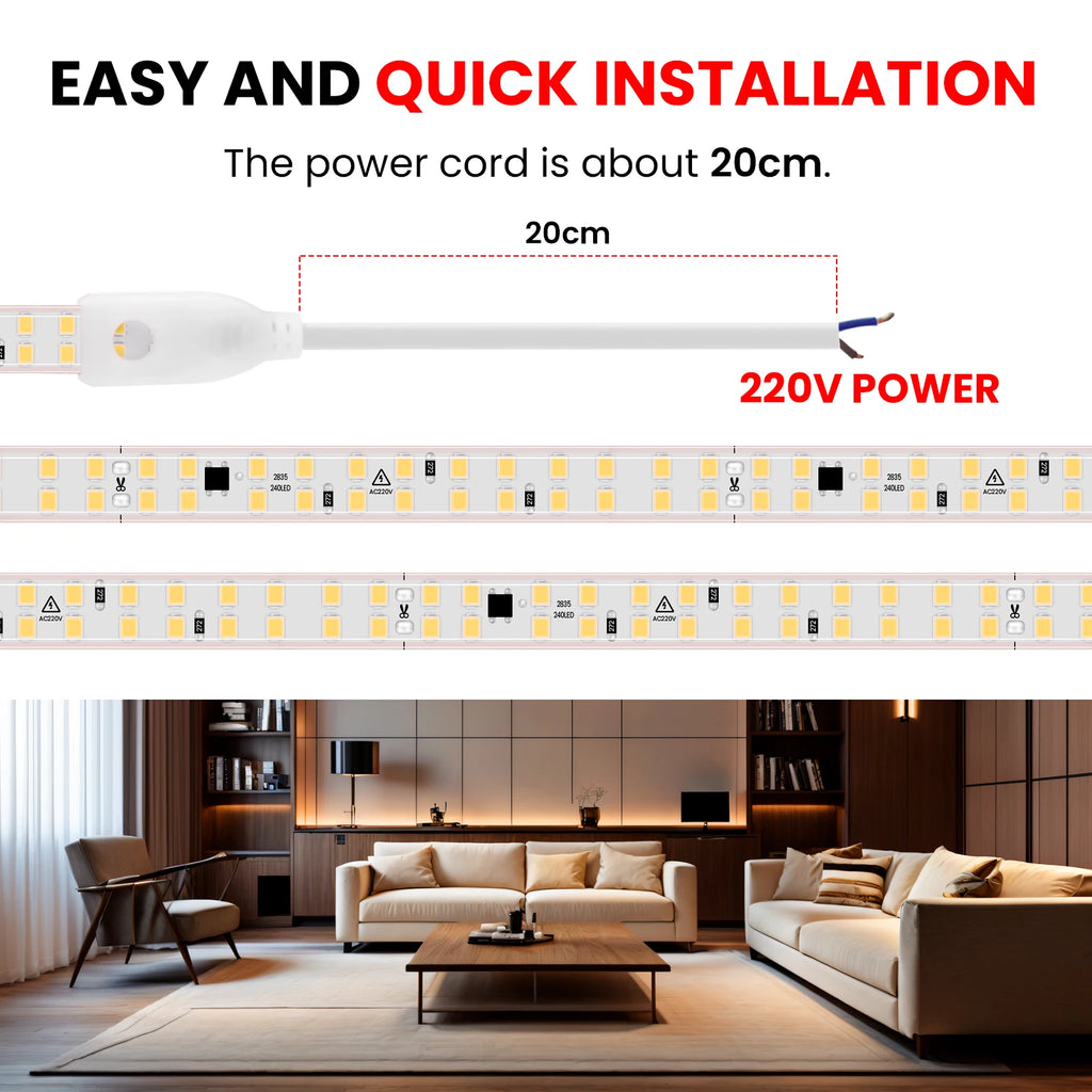 AC 220V LED Strip Waterproof 240Leds/M 3000K 4000K 6000K Home Decor Self Adhesive Tape Chain Light Flexible Ribbon Strip