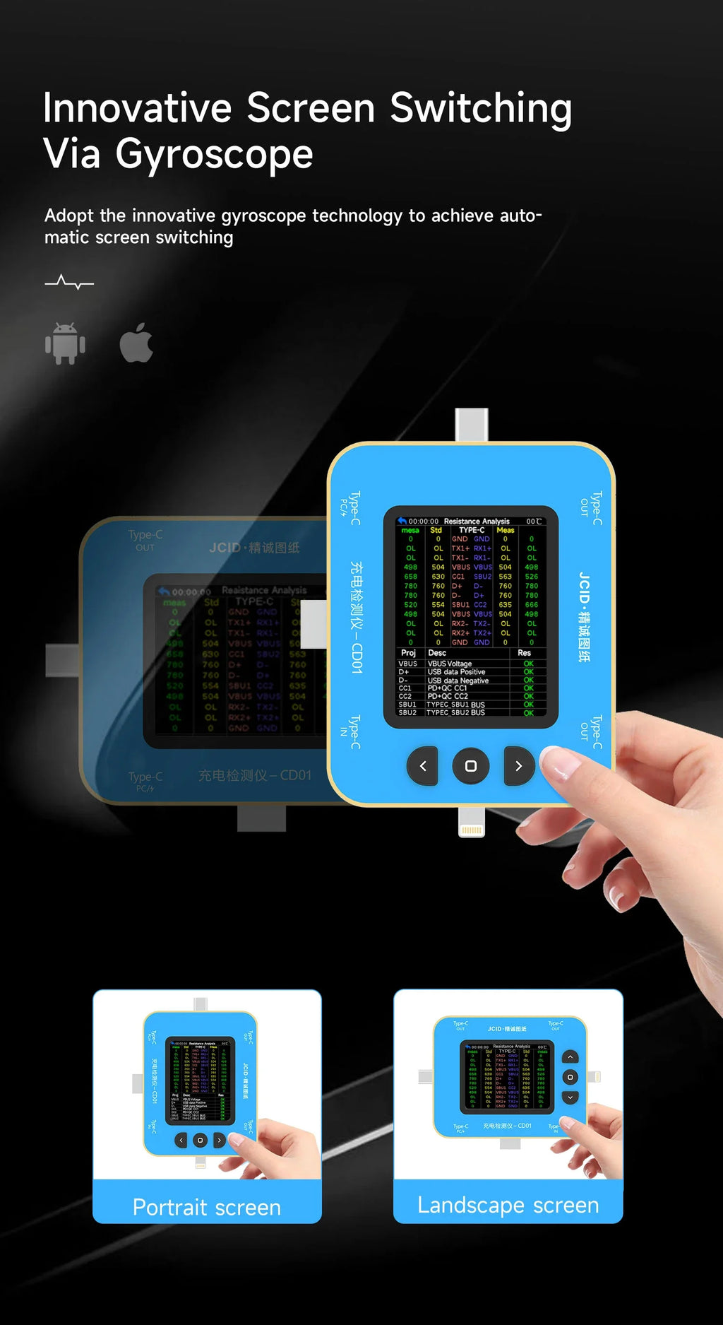 JCID CD01 Charging Detector CD01 Use with JC Intelligent Drawing Faults Diagnosis Type-C Lightning Port Tester IPhone Android