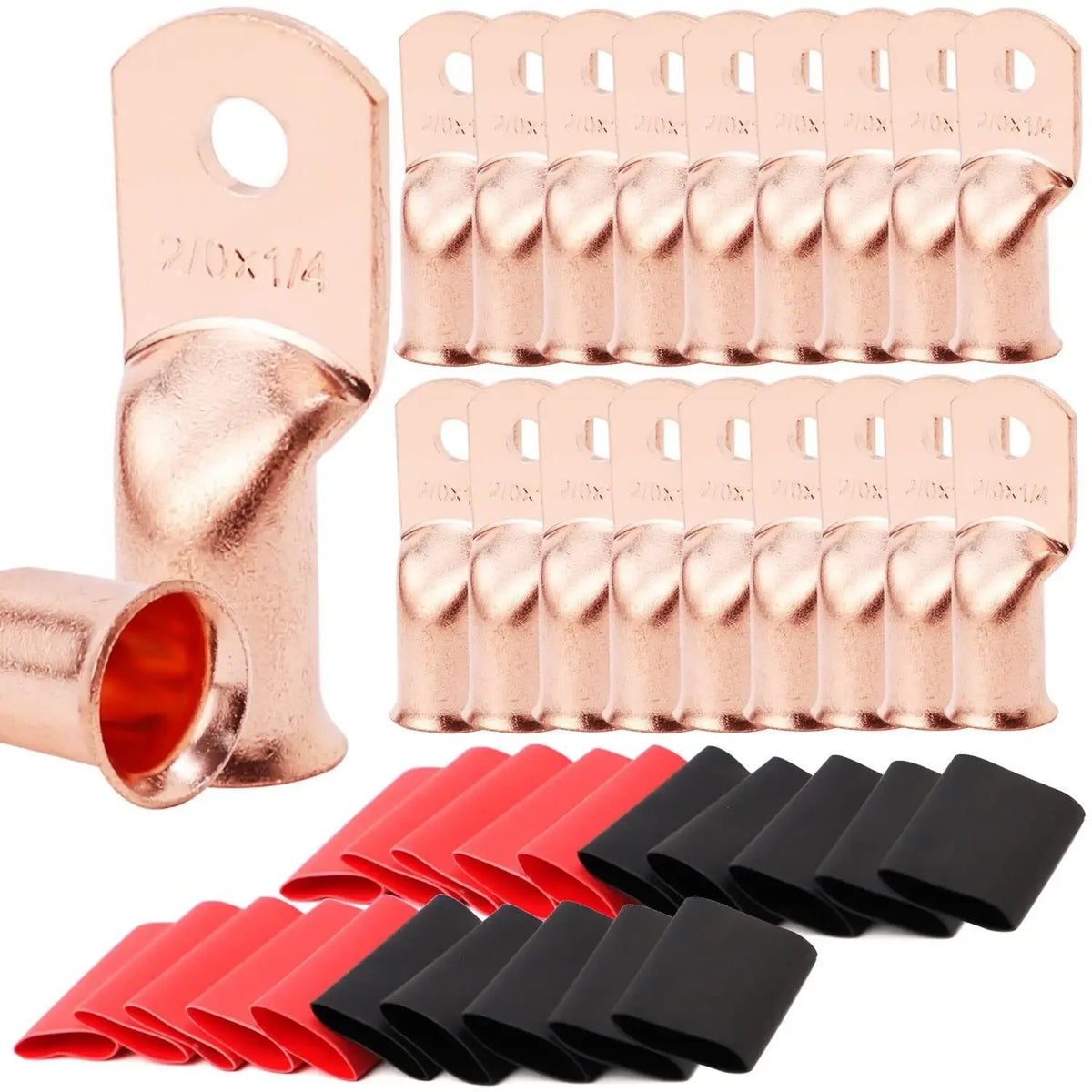 10pcs Copper Terminal Connectors, AWG 2 4 6 8 1/0 2/0 Ring Lug With Shrink Tubing 10Battery Cable Lugs, With 10 Shrink Tubing