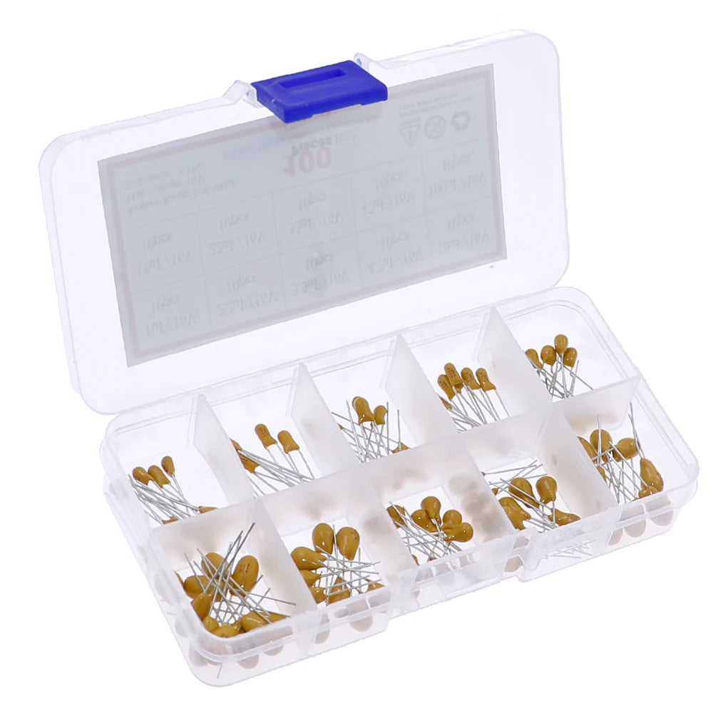 100pcs 10values x 10pcs 16V Tantalum Capacitor Assortment Kit 1uF 2.2uF 3.3uF 4.7uF 10uF 15uF 22uF 33uF 47uF 100uF
