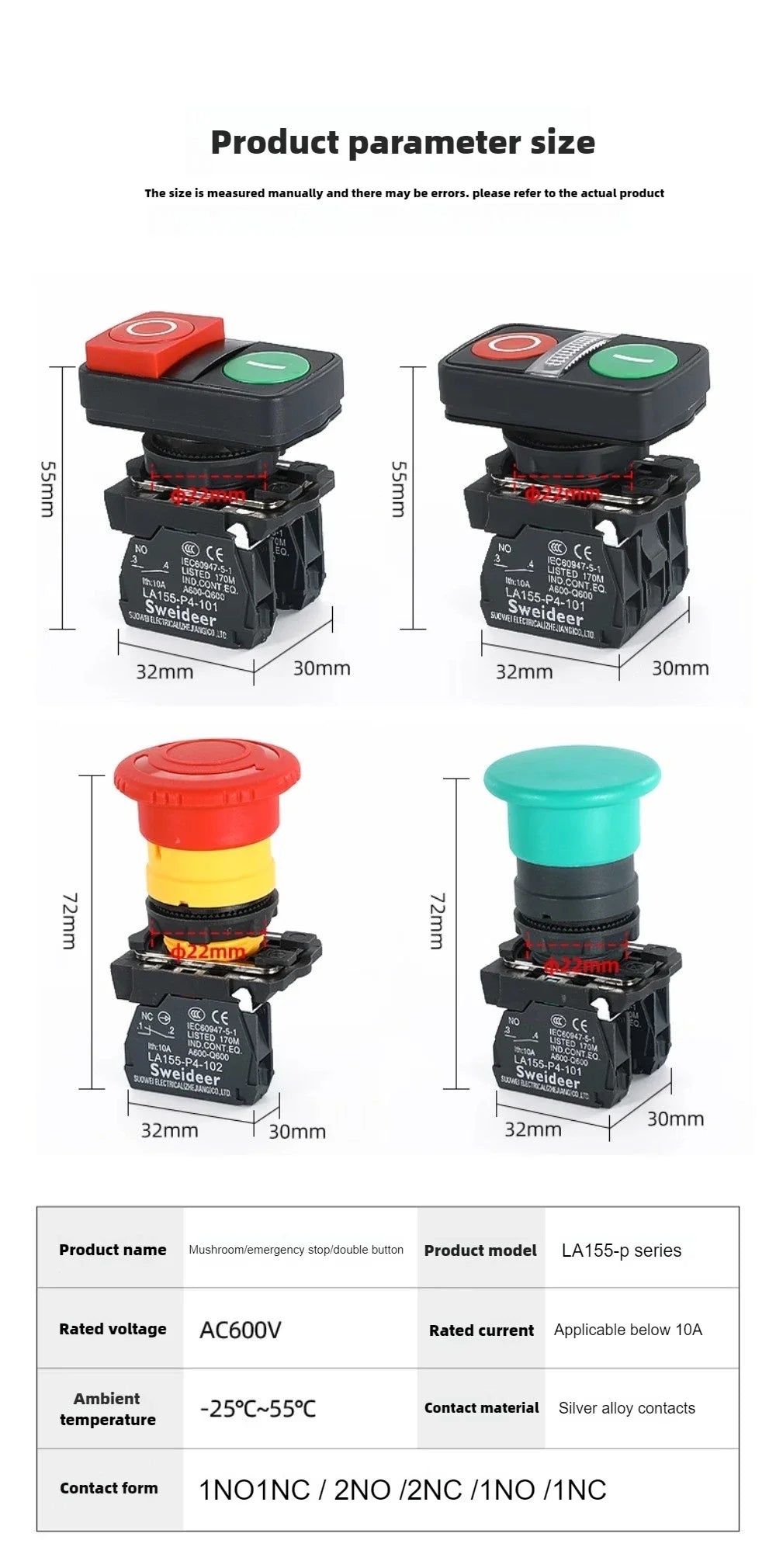 XB4 Double Button Switch with Light 22mm Emergency Stop Button Switch Momentary Self Reset Mushroom Power Push Button Switch 10A