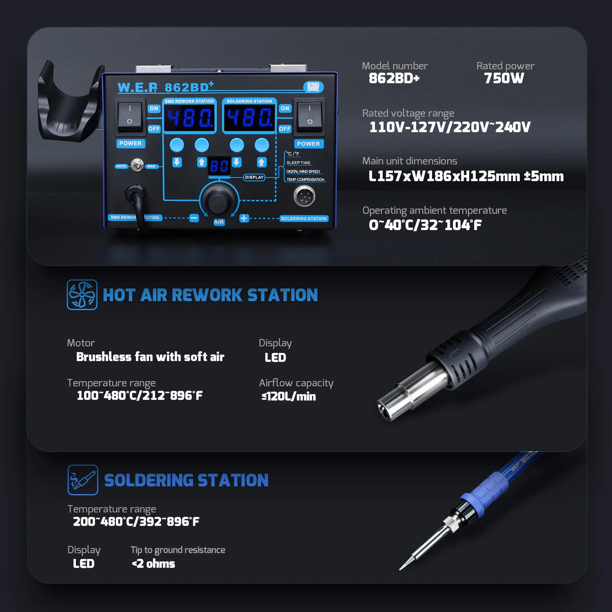 WEP 862BD+ Visible Adjustable Temperture Air Volume BGA Rework Station Hot Air Soldering Station SMD Rework Station With ESD