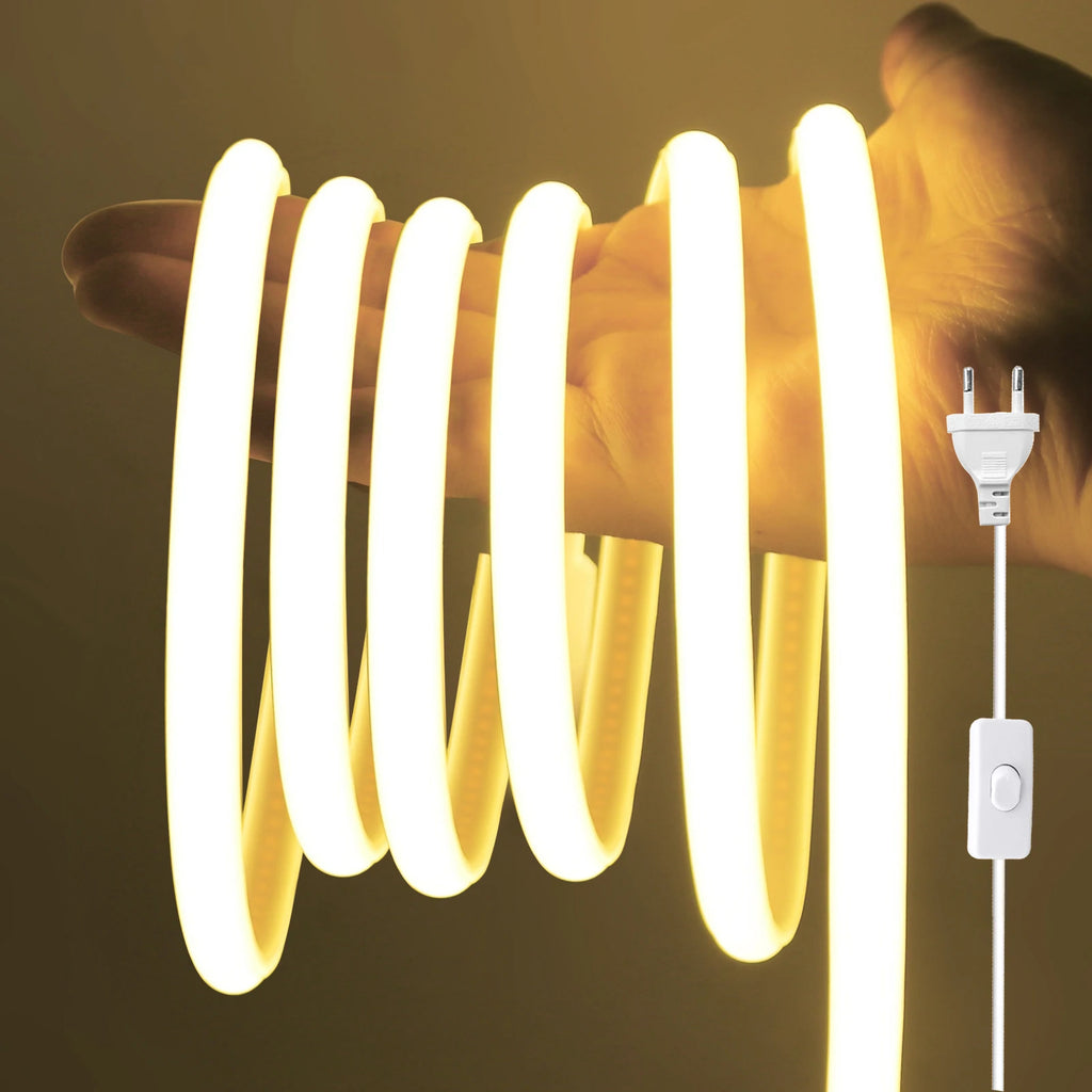 AC 220V COB Strip With ON/OFF Switch White 3000K 4000K 6000K IP65 Waterproof Home Decor Flexible Ribbon LED Neon Light 1M-35M