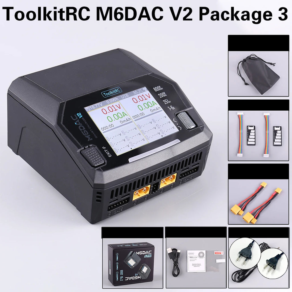 ToolkitRC M6DAC PRO V2 Dual Channel Smart Lipo Battery Charger Discharger AC 200W DC 800W 16A for 1-6S LiHV LiPo PD65W FPV Drone